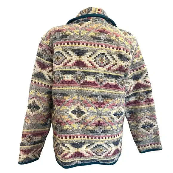 Vintage Patchwork Blazer Womens Size LP Tan Stripe Cotton Aztec Southwestern - Picture 2 of 16